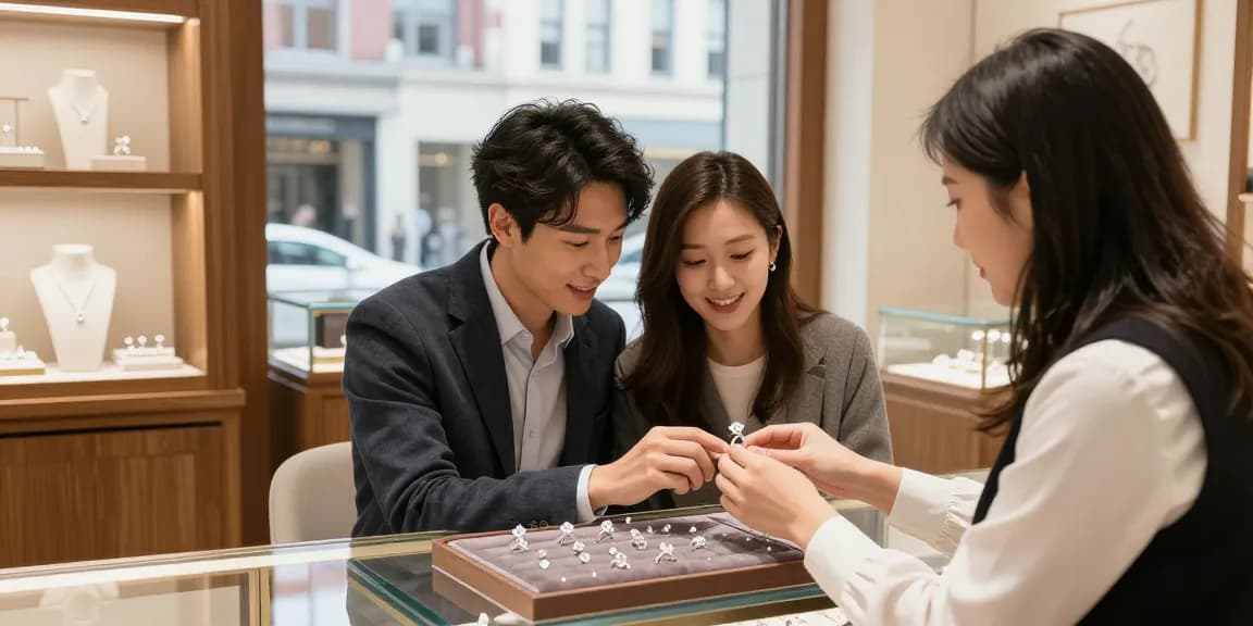 Solitaire diamond engagement ring in a luxury jewelry store, capturing a couple's joyful moment.