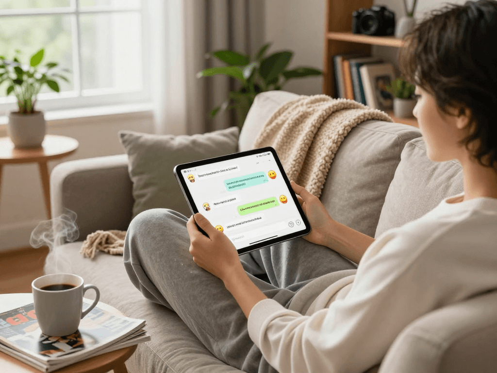 Engaged individual chatting on nsfw AI chat platform in modern living room.