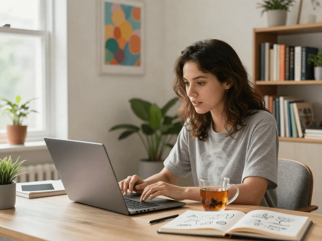 Engaging in nsfw AI chat from a cozy home office setting with colorful decor.
