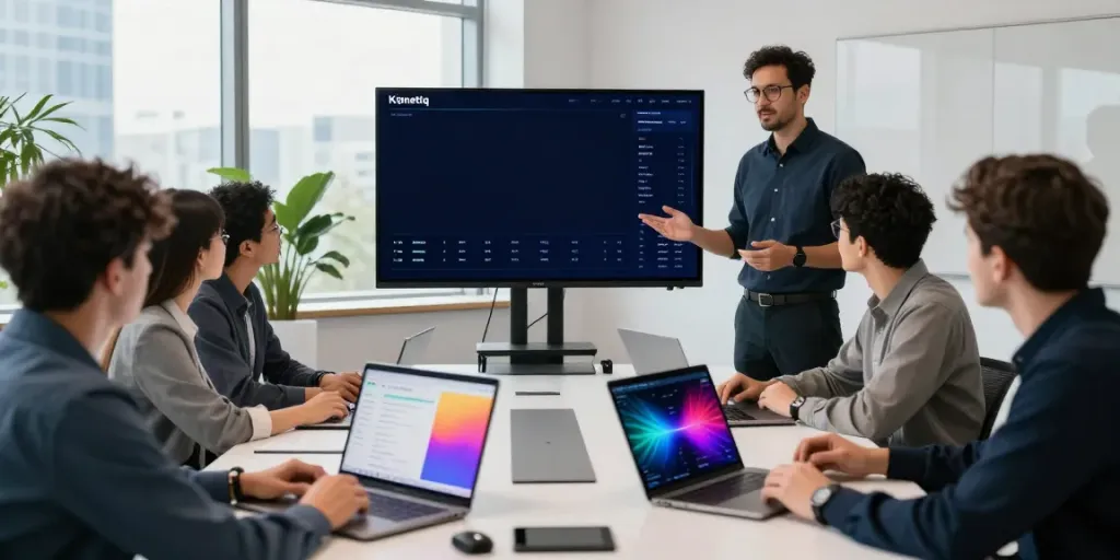 A diverse team discussing Hyperliquid staking strategies in a modern conference room with digital displays and collaborative tools.