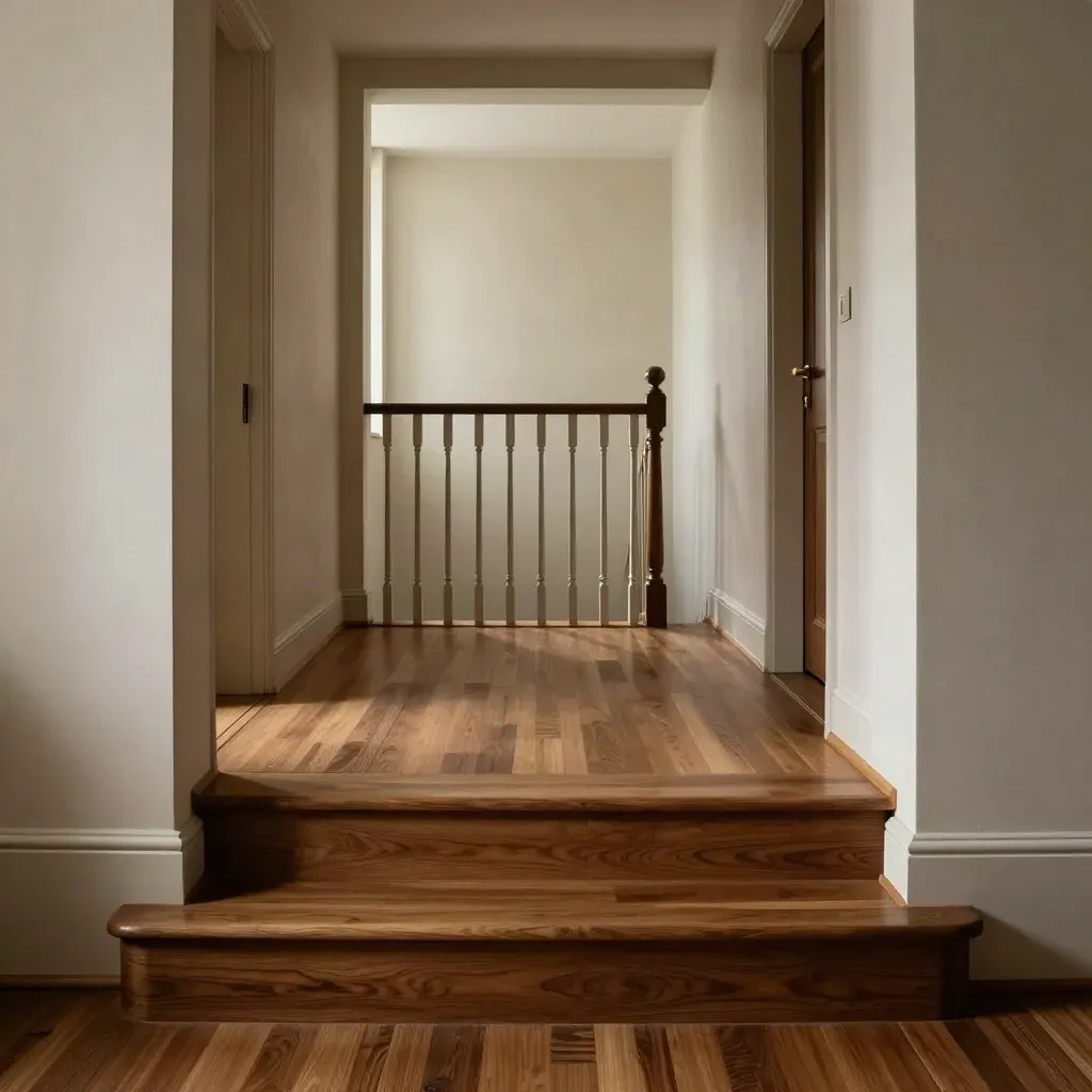 Refurbished hallway and stair landing with timber floors, new joinery, and warm-white finishes