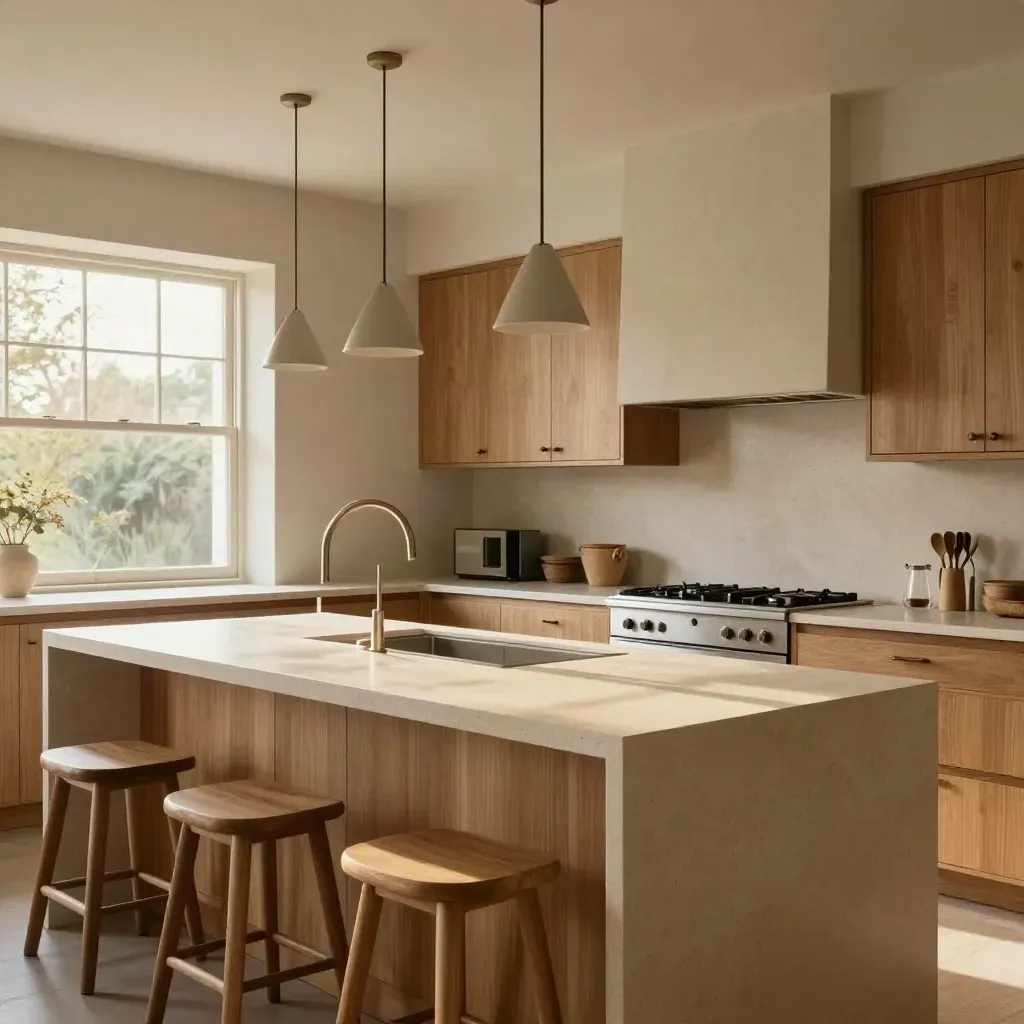 Warm oak kitchen with pale stone island and soft morning light in a renovated terrace house.