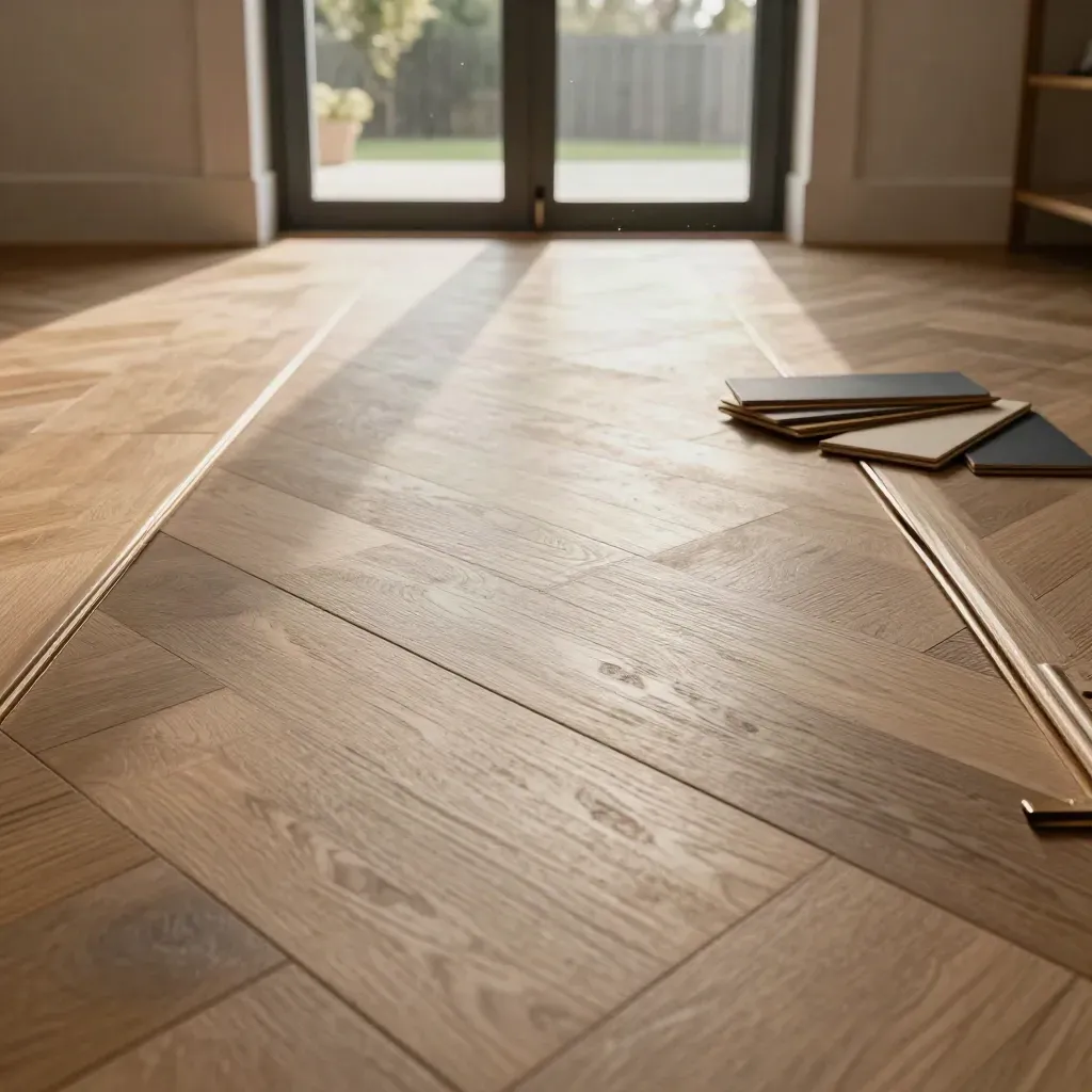 Freshly laid herringbone oak floor by patio doors, trims, samples, and sawdust in cinematic light