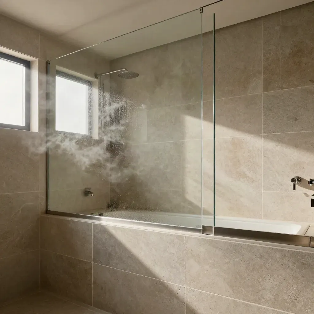 Rebuilt bathroom with stone tiles, frameless shower screen, oak storage and steam.