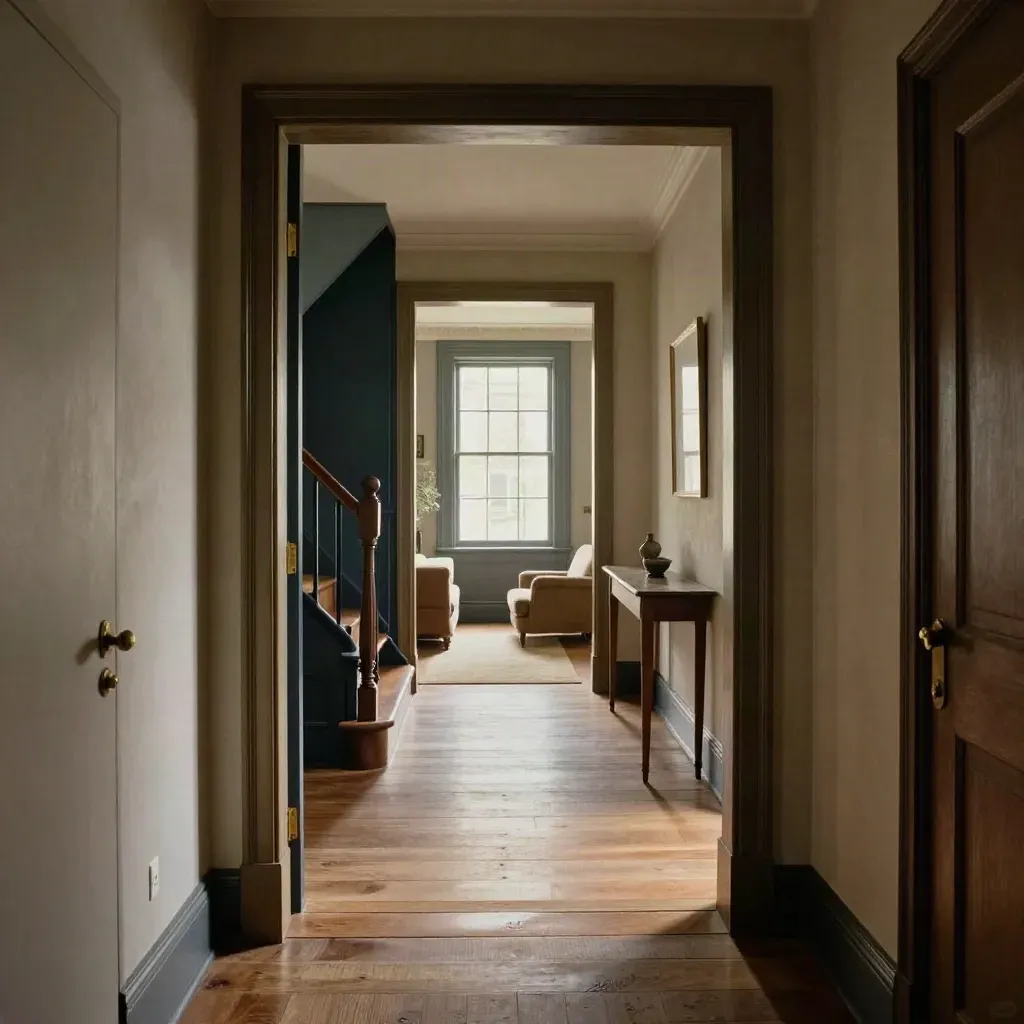 Finished hallway view through open doors into layered renovated rooms with oak floors and navy accents