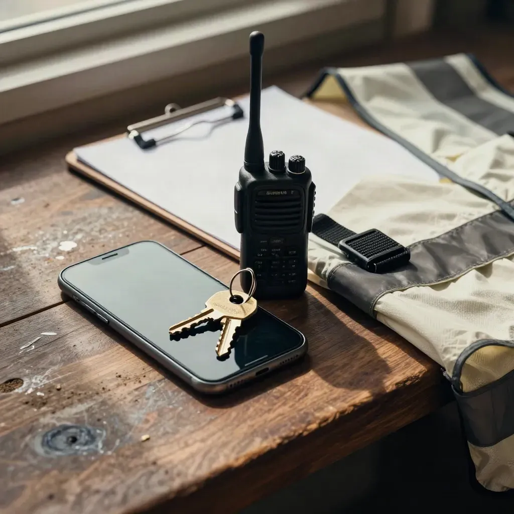 Site manager tools on a dark workbench: phone, keys, radio and high-vis vest