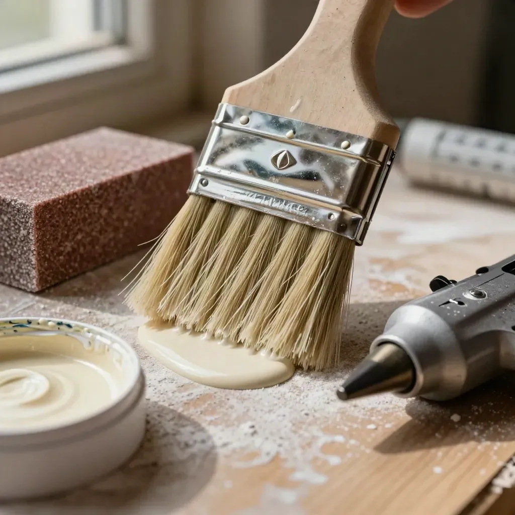 Macro of decorating tools beside fresh caulk and a wet-bristle brush on a dusty work surface.