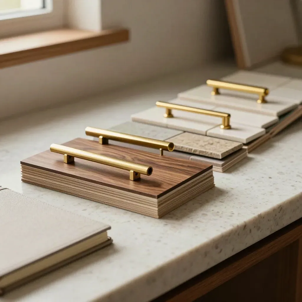 Walnut veneer, brass hardware, tile chips and a closed notebook on travertine under warm light.