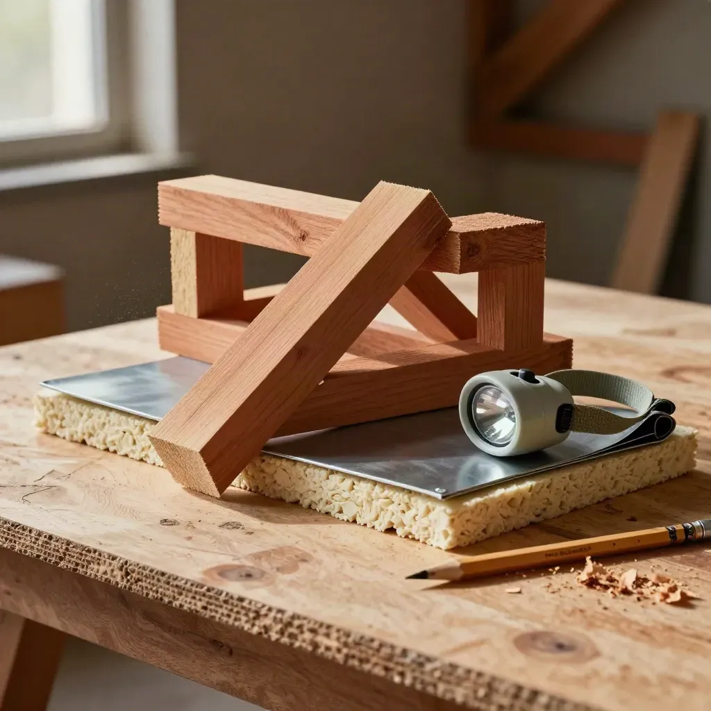 Loft conversion toolkit with timber offcut, insulation, flashing, head torch and pencil.