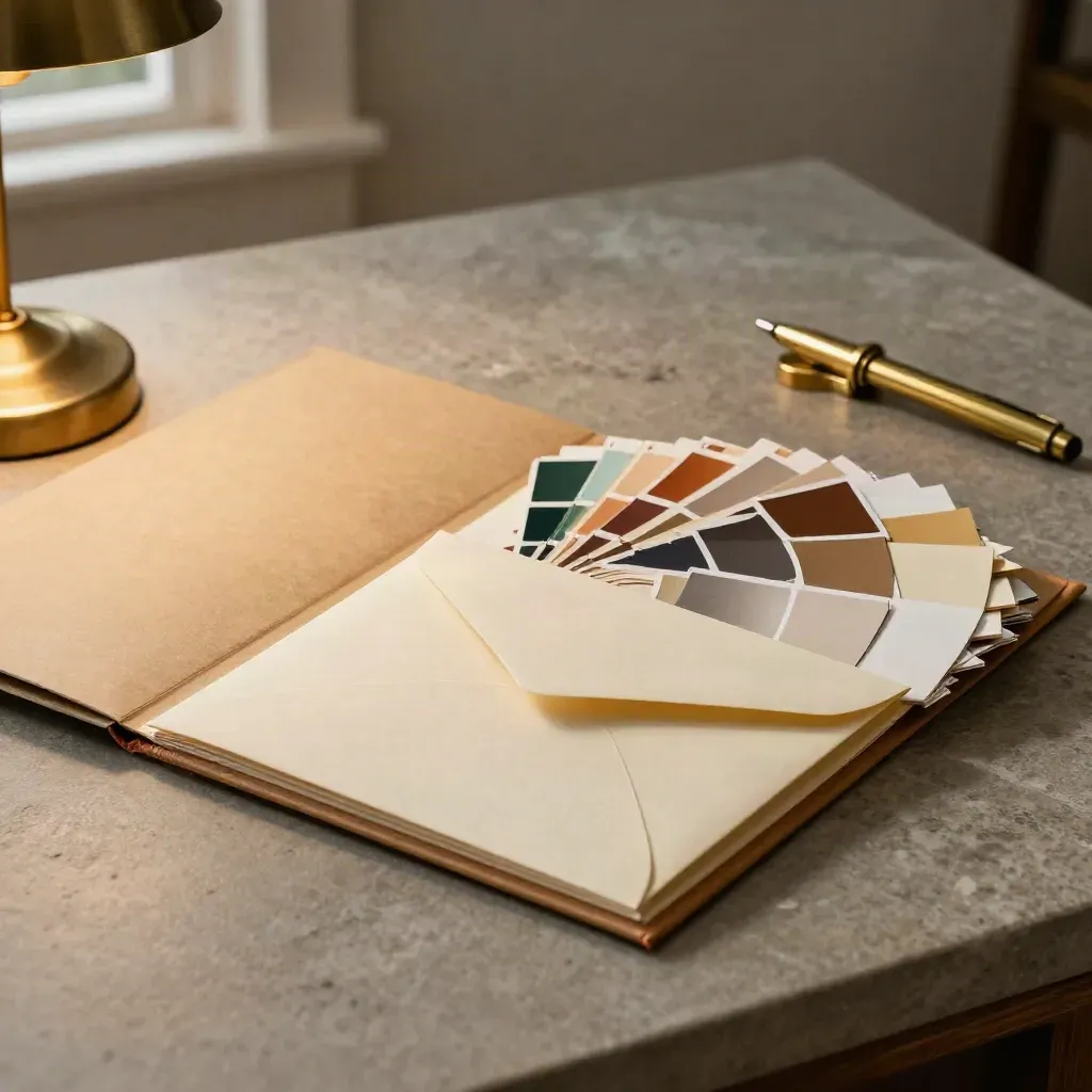 Overhead still life of a kraft folder, swatch ring, brass pen and envelope on stone