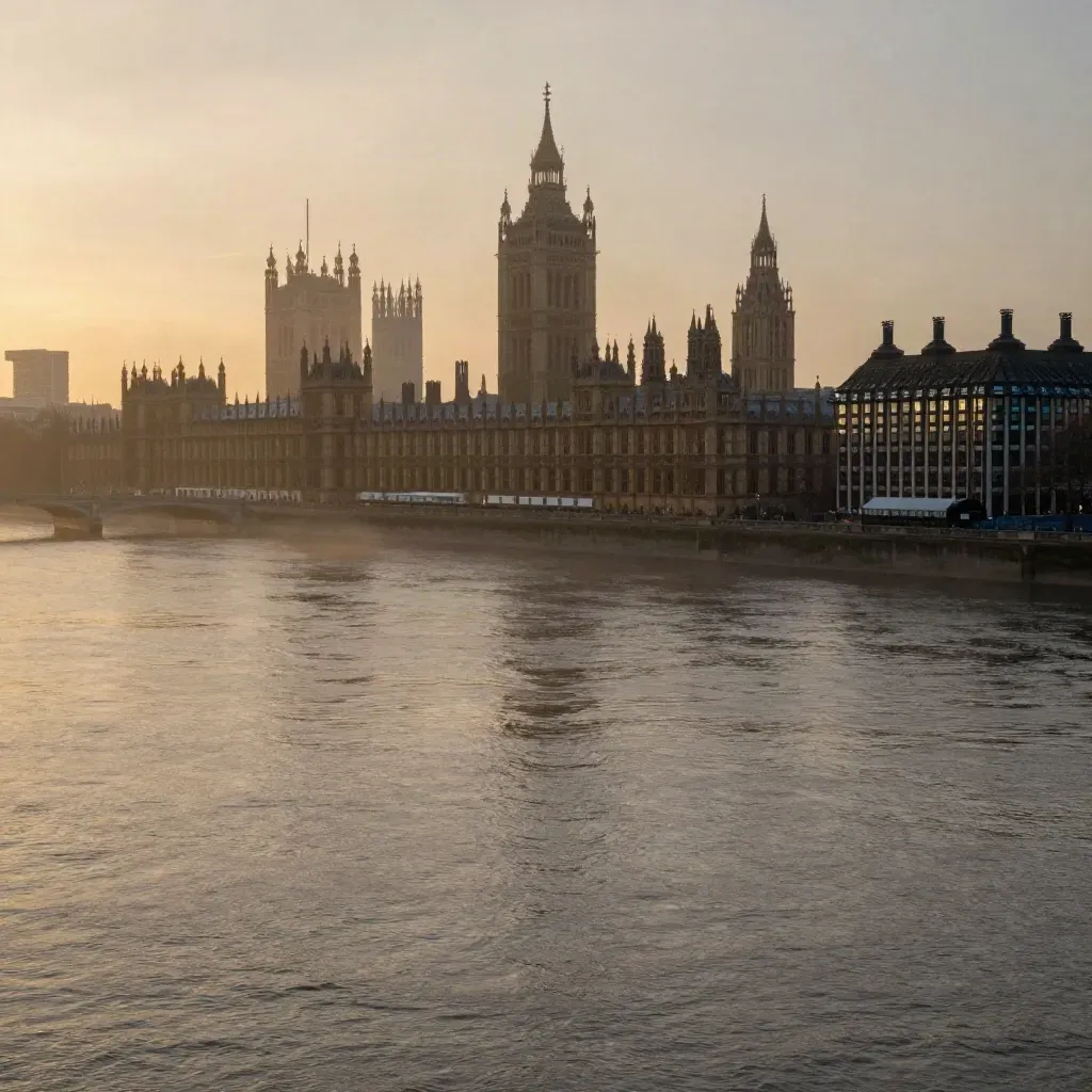 Hazy golden London skyline with the Thames curve, Westminster silhouette, and brick river terraces.
