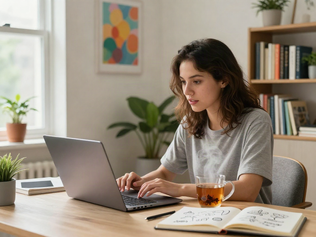 Engaging in nsfw AI chat from a cozy home office setting with colorful decor.